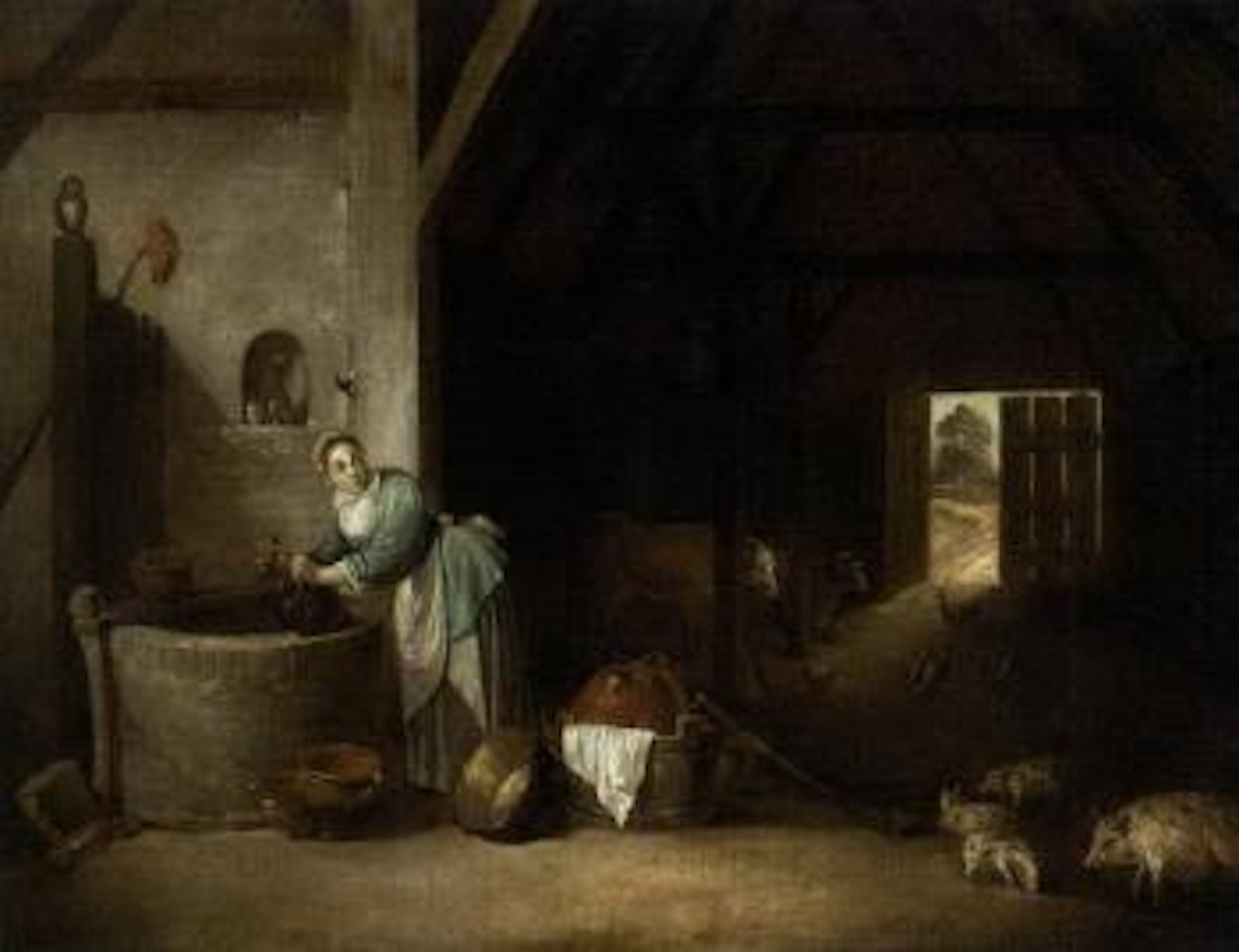 Interior of a barn with a woman at a well by David Teniers II