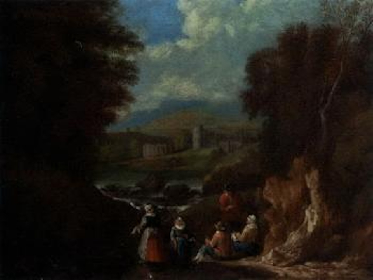 Wooded landscape with washerwomen at a riverside by Pieter Bout