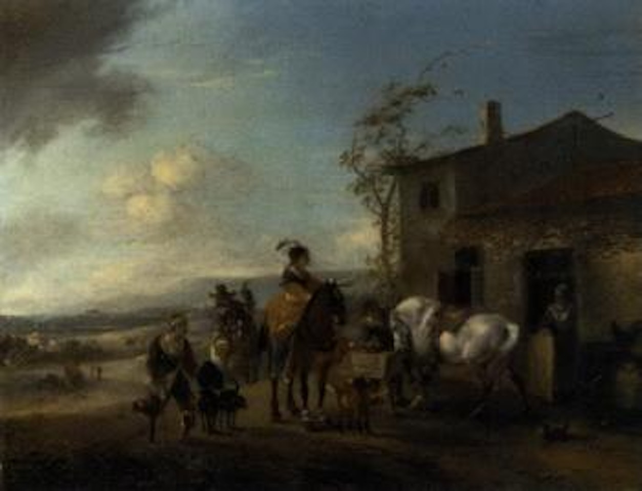 Hawking party halting at a blacksmith's shop by Philips Wouwerman