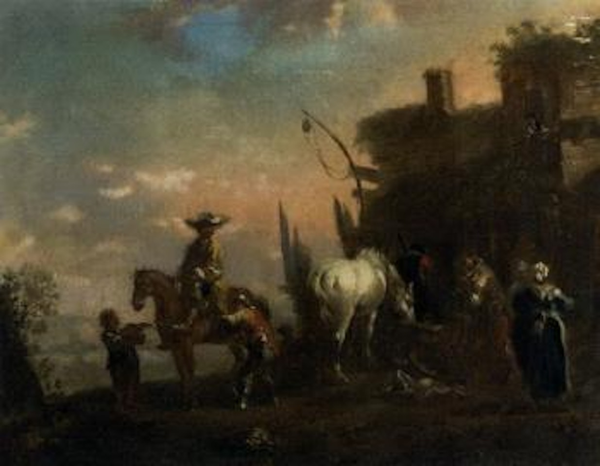 Landscape with travellers resting at an inn by Philips Wouwerman