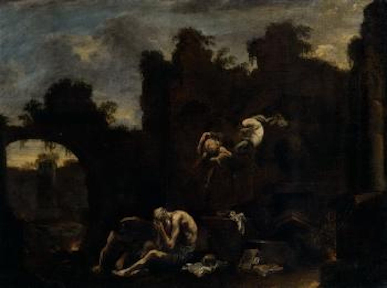 Capriccio of ruins with Saint Anthony tormented by demons by Alessandro Magnasco