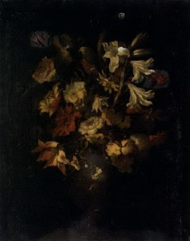 Flowers in a glass vase on a stone plinth by Juan de Arellano