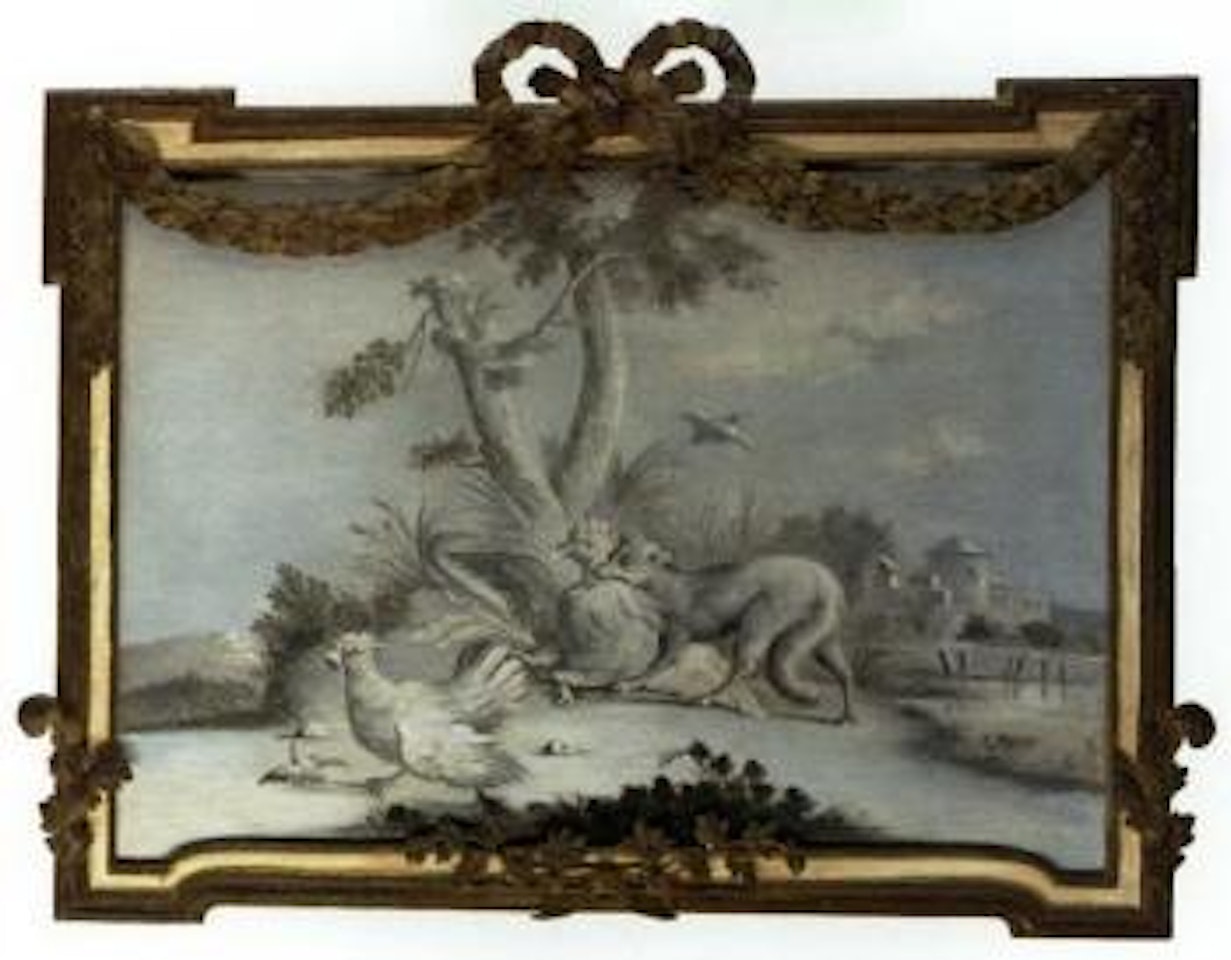 Fox caught in a snare with swans in a pond. Fox chasing chickens by Jean-Baptiste Oudry