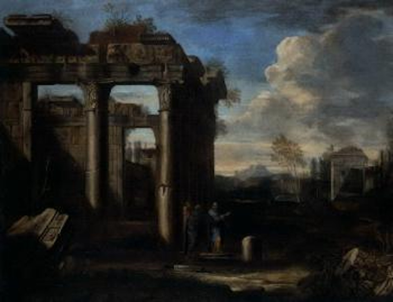 Scholars conversing amongst classical ruins by Giovanni Ghisolfi