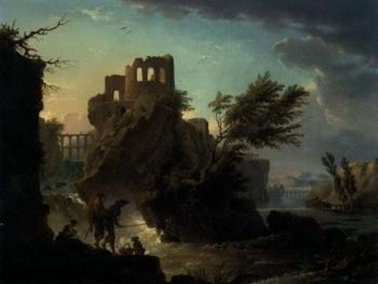 River landscape with fisherfolk, a viaduct and classical ruins by Claude Joseph Vernet