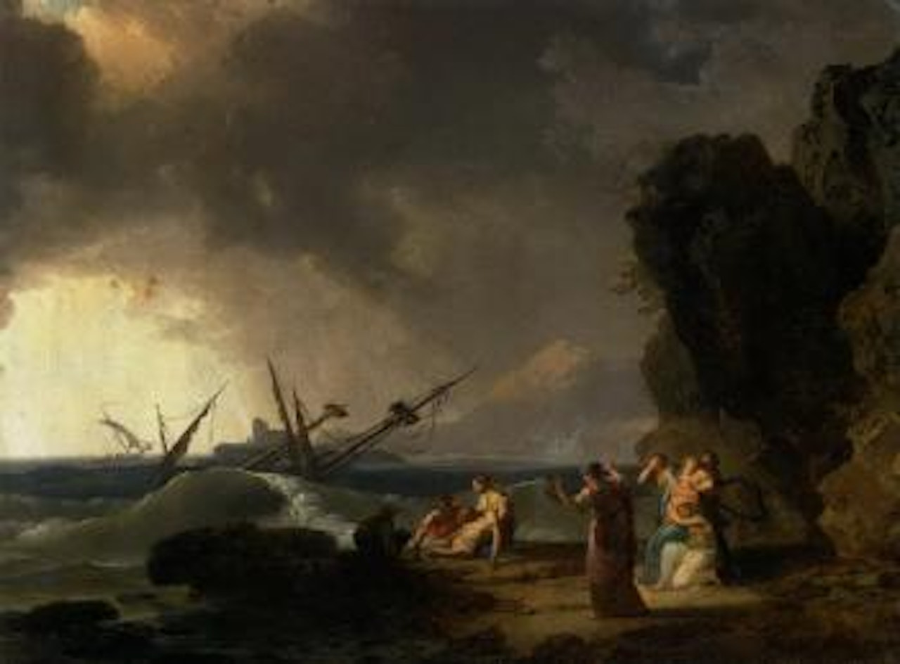 Mediterranean rocky coastal landscape with shipwreck in a storm by Claude Joseph Vernet