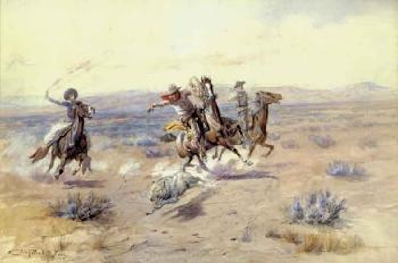 Roping a wolf by Charles M Russell