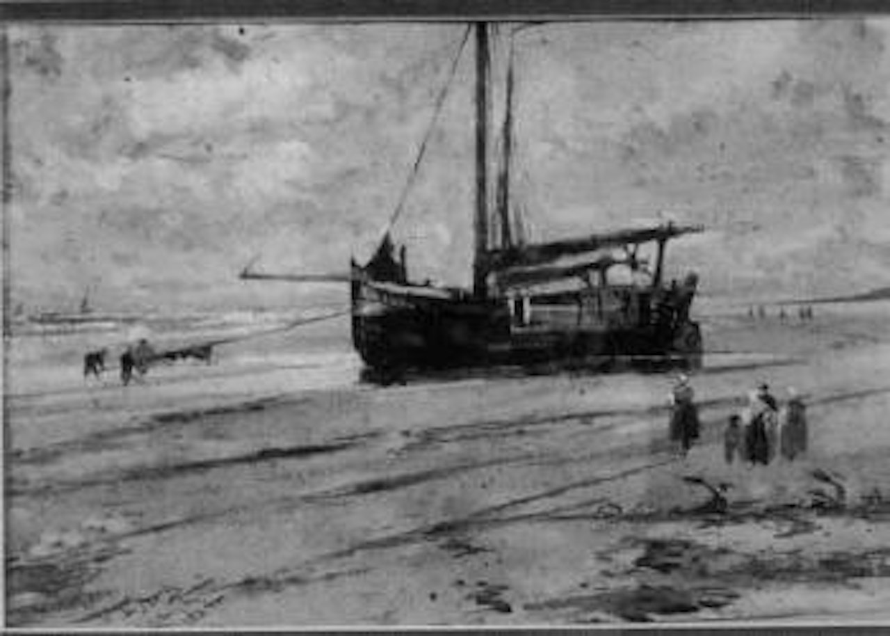 Figures by a beached fishing boat by Thomas Bush Hardy