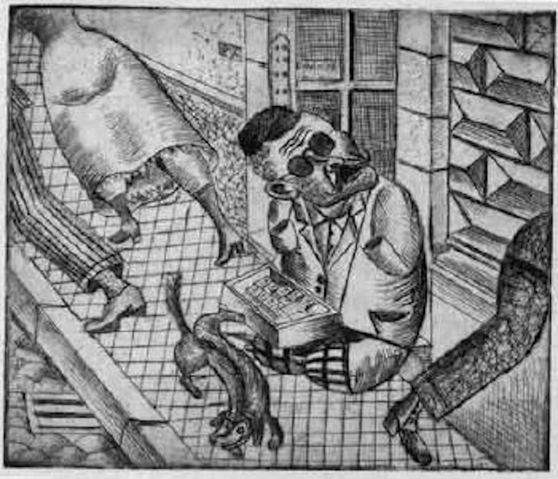 Man selling matches. Interior scene with men playing pool. Young woman and sailor. Murderer. by Otto Dix