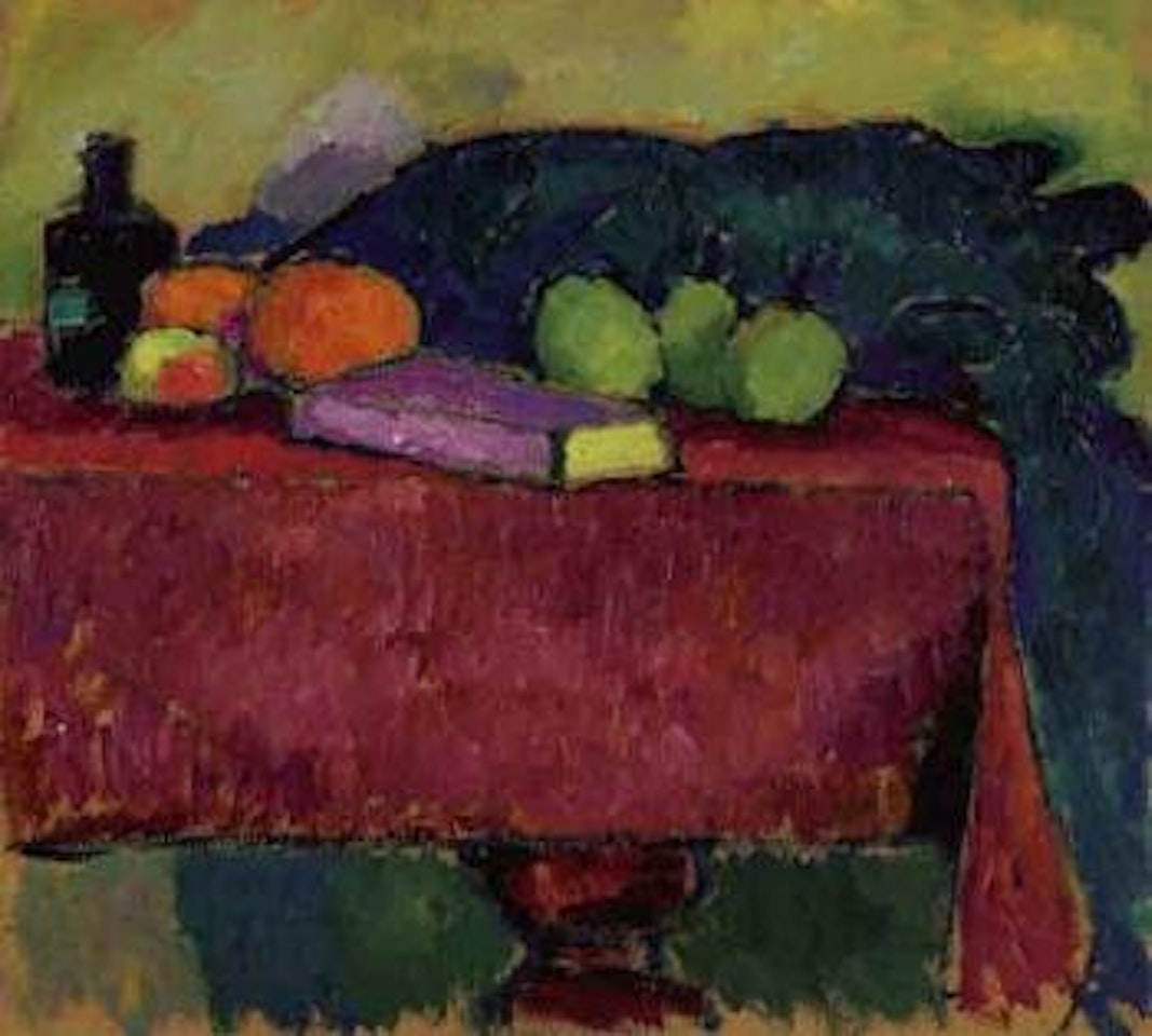 Still life of fruit on red blanket by Alexej von Jawlensky