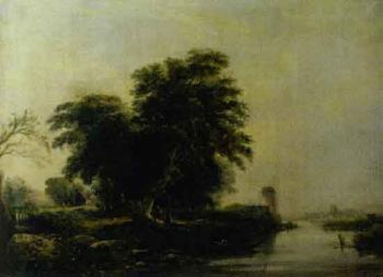 Fenland scene with figures in a boat, windmill in the distance by English School
