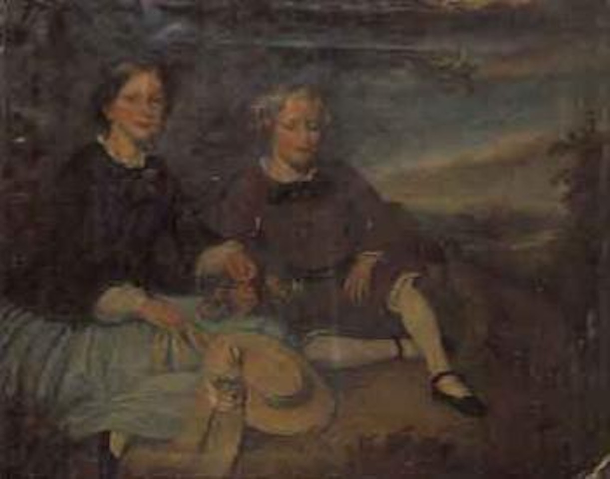 Portrait of a young girl and boy, seated with their pet dog, wooded river landscape beyond by English School