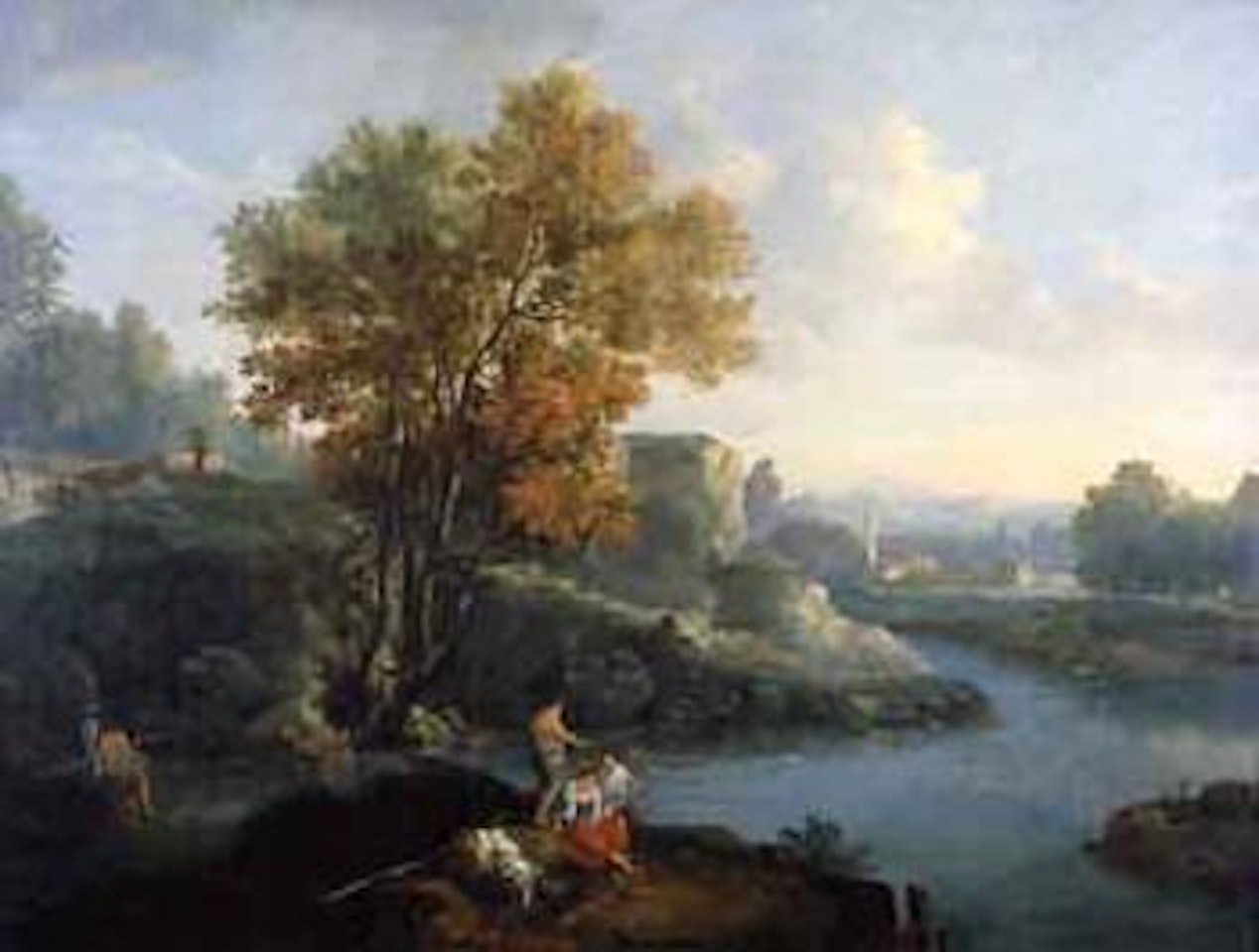 Figures fishing in a wooded river landscape by Francesco Zuccarelli