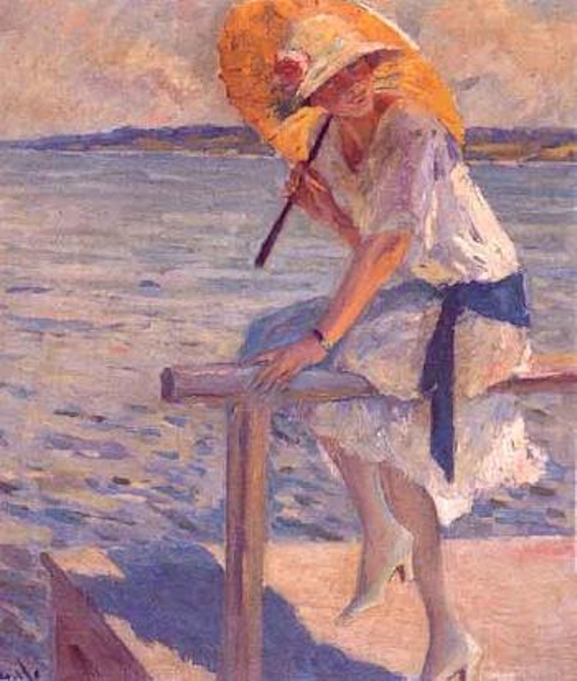 Lady with a yellow parasol by Continental School