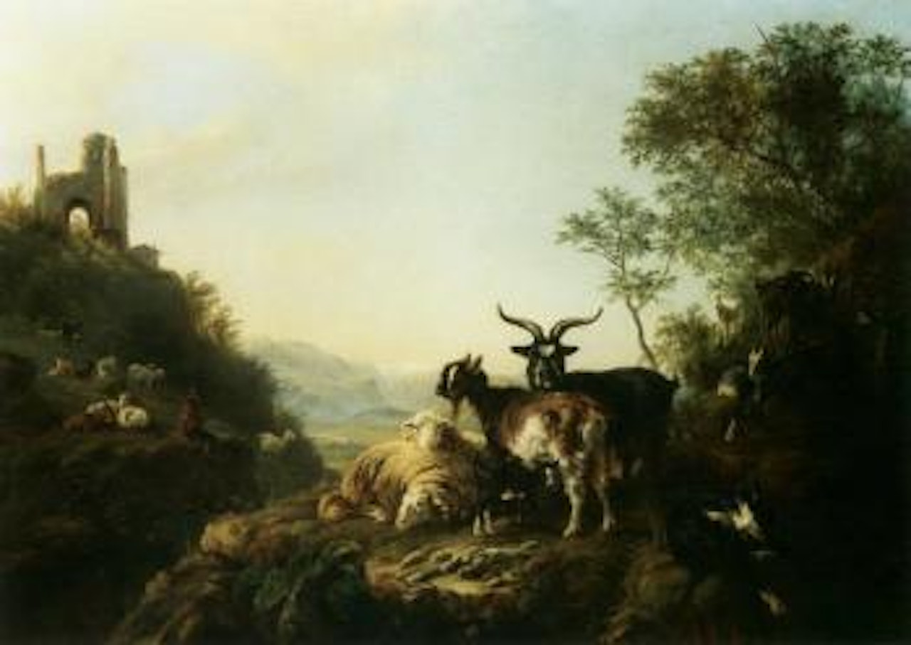 Mountainous landscape with a shepherd and his flock by August Knip