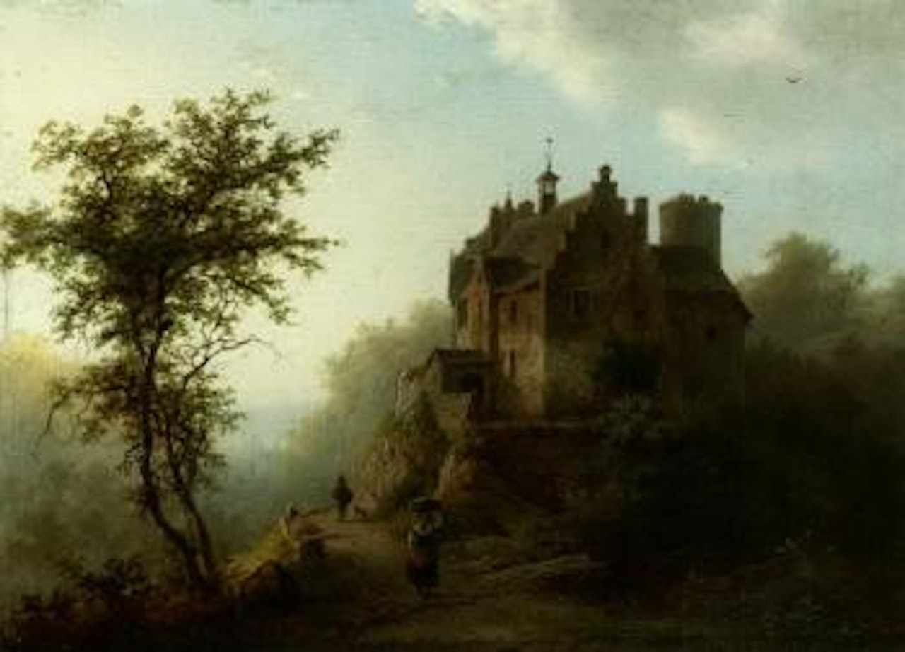 Figures near a castle in a wooded, hilly landscape by Barend Cornelis Koekkoek