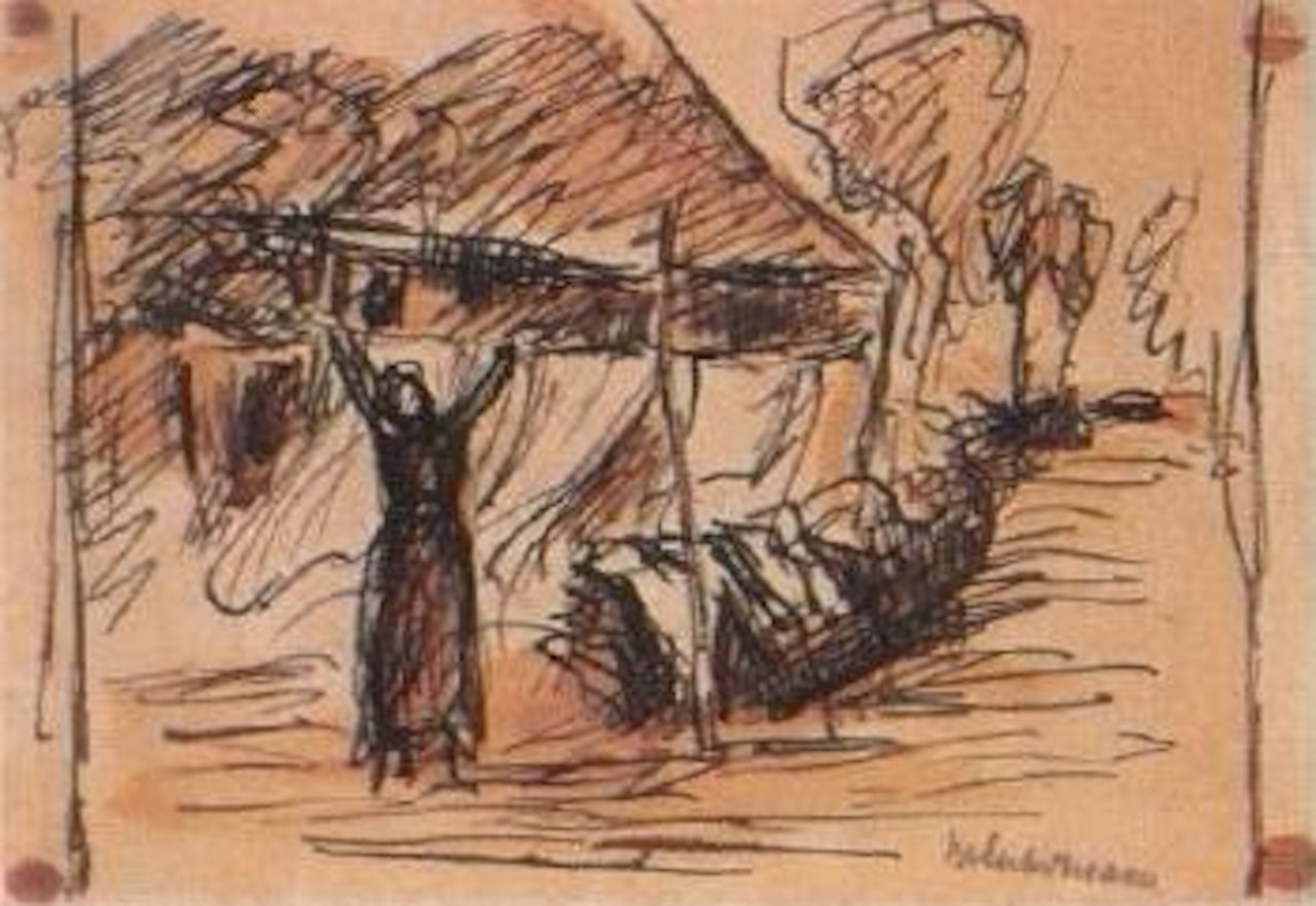 Woman hanging up laundry by Max Liebermann