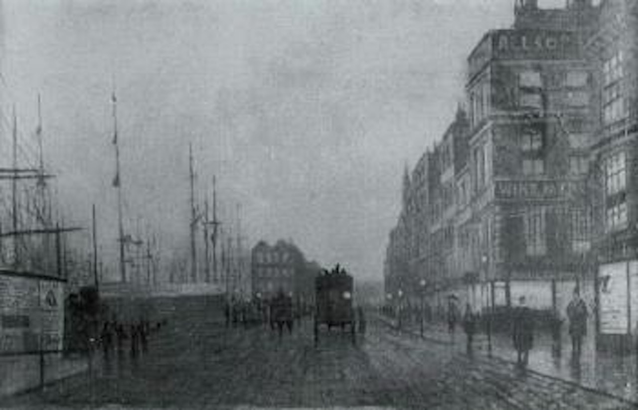 Night time dockside street scene with figures by John Atkinson Grimshaw
