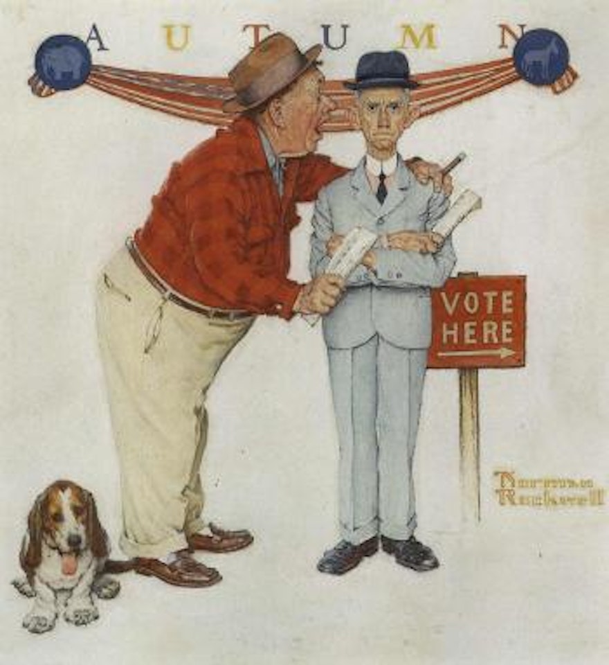 Two old men and dog, election day by Norman Rockwell
