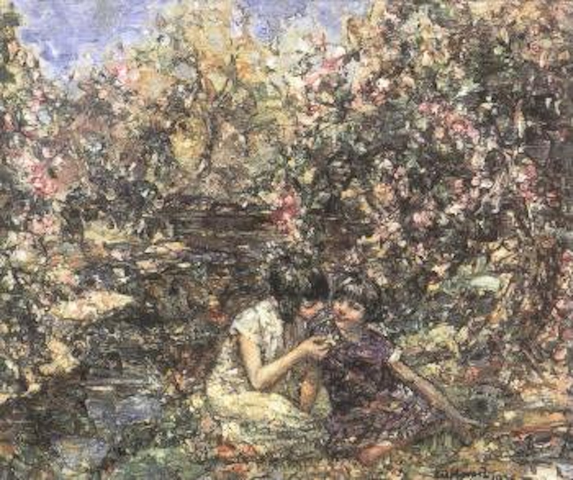 Gathering primroses by the river by Edward Atkinson Hornel