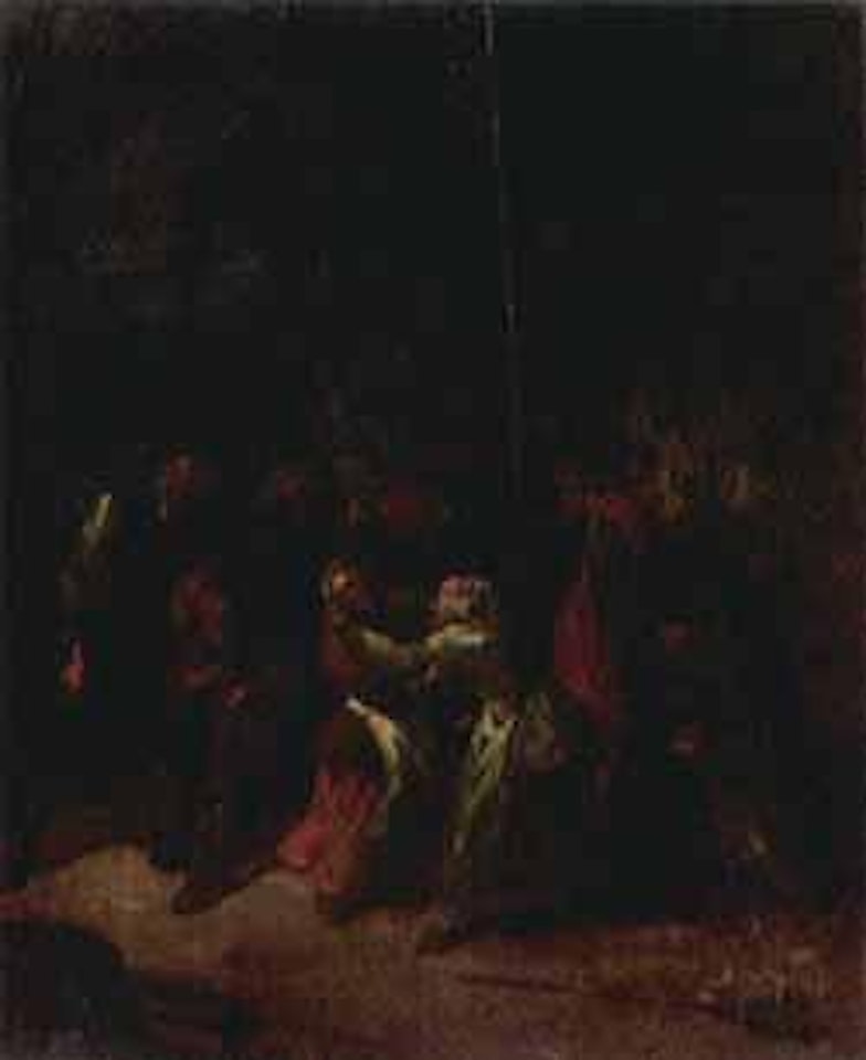 Boors fighting in a barn by Egbert van Heemskerk III