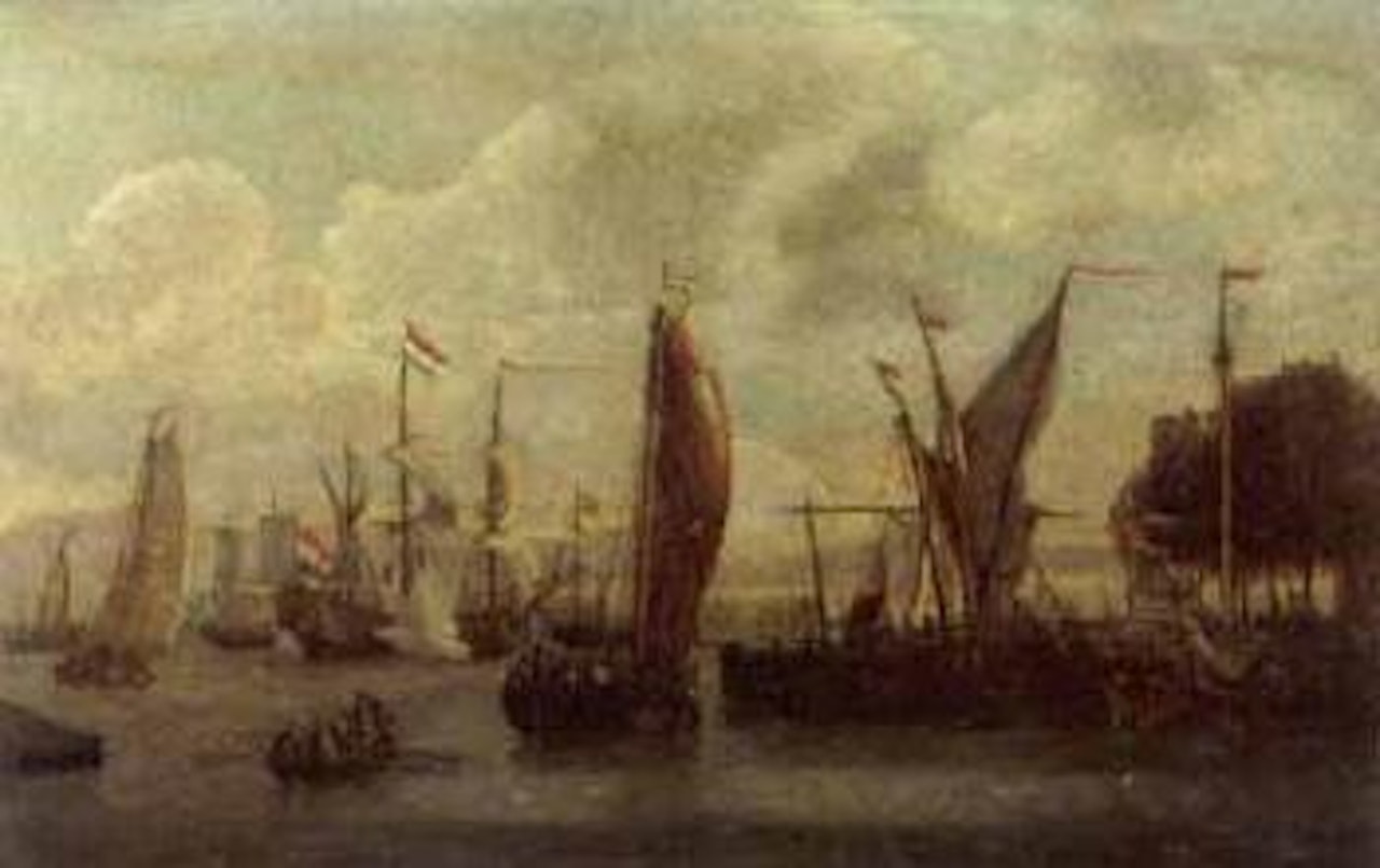 Views of the IJ, Amsterdam with a threemaster firing a salute by Abraham Storck