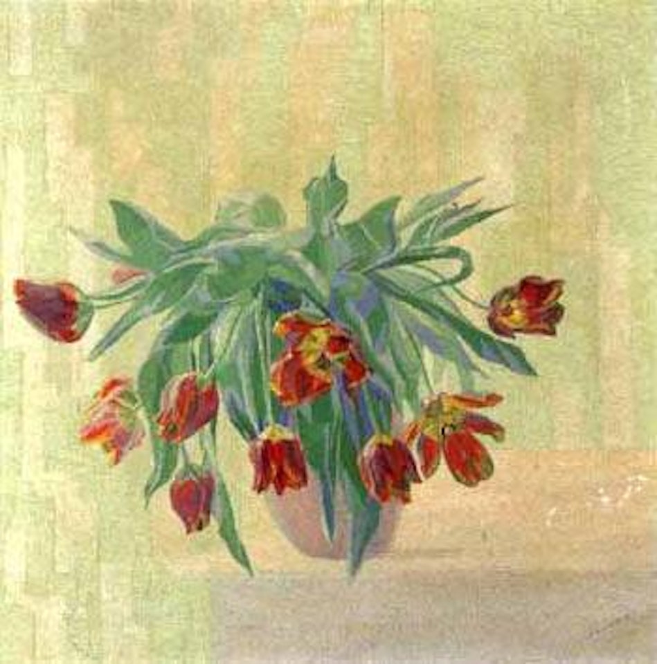 Still life with red tulips in a vase by Dirk Smoorenberg