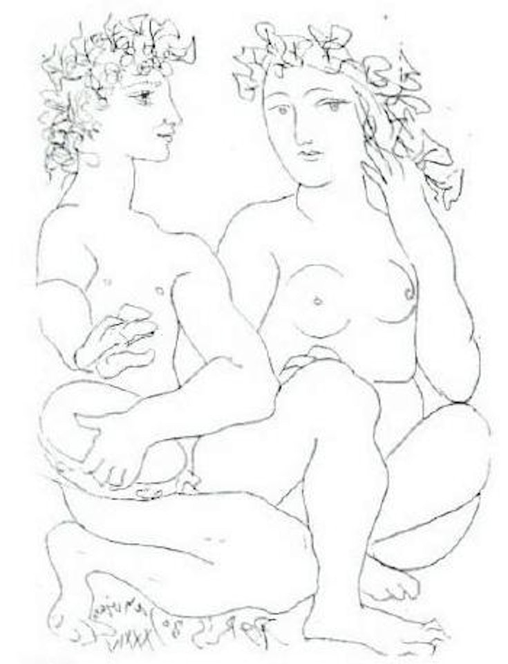 Jeune couple accroupi l'homme avec un tamborin by Pablo Picasso