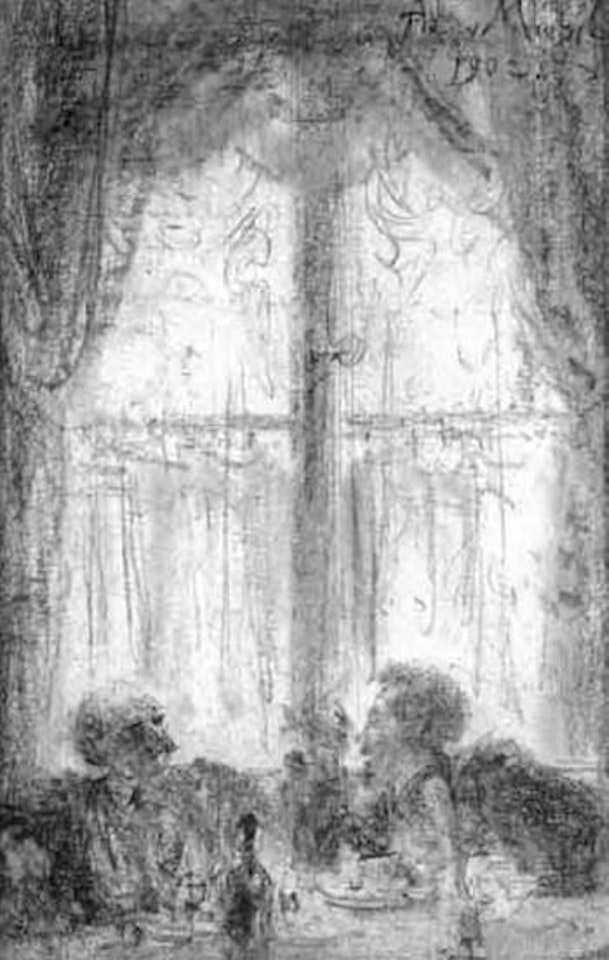 Cafe in Bad Kissingen, Herrmann Pachter talking by Adolph Menzel
