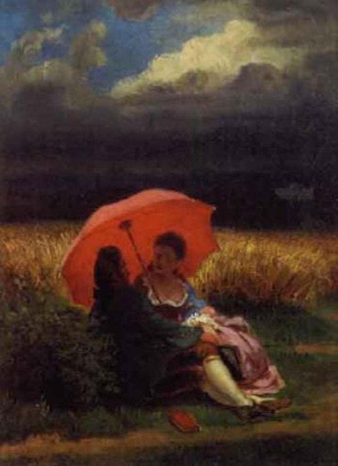 Couple resting under red umbrella by Carl Spitzweg