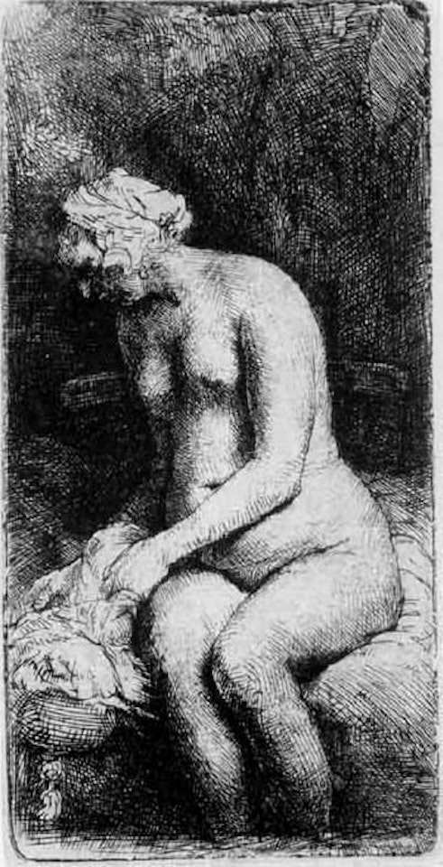 Woman bathing her feet at a brook by Attributed to Rembrandt Harmensz van Rijn