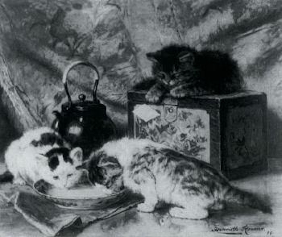 Kittens drinking milk on a table top with a tea box and kettle by Henriette Ronner-Knip