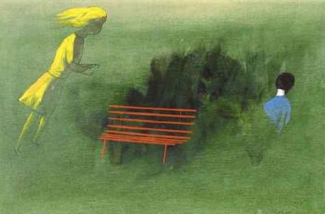 Red park bench by Charles Blackman
