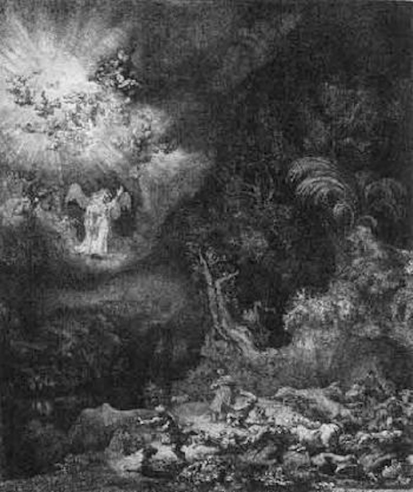 Annunciation to the shepherds by Attributed to Rembrandt Harmensz van Rijn