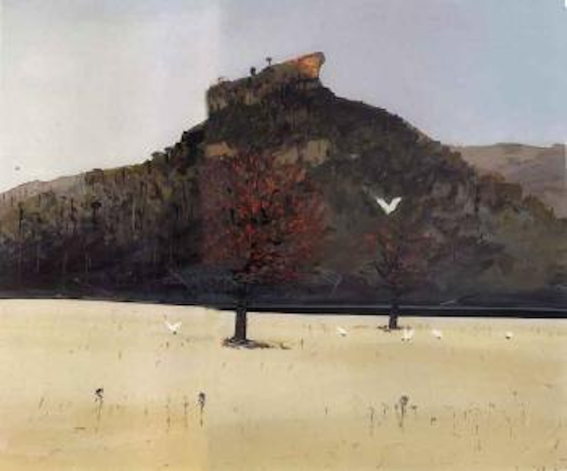 Pulpit Rock with flame tree and bird by Arthur Merric Bloomfield Boyd