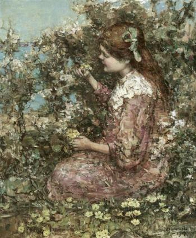 Picking primroses by Edward Atkinson Hornel