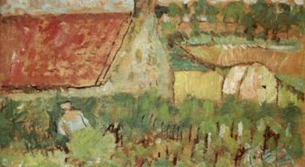 Ceres, Fife, old man clipping hedge by George Leslie Hunter