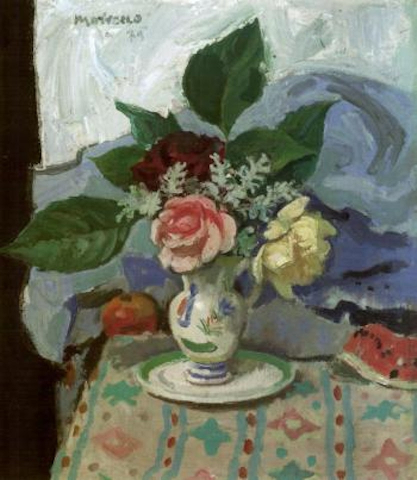 Roses on a patterned cloth by Alberto Morrocco