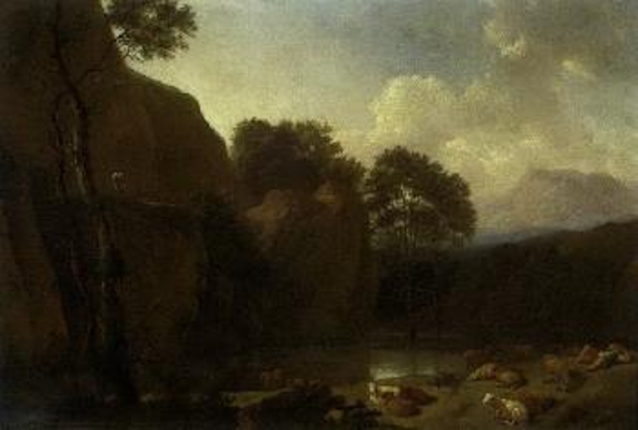 Shepherd with flock on river bank by Christian Wilhelm Ernst Dietrich