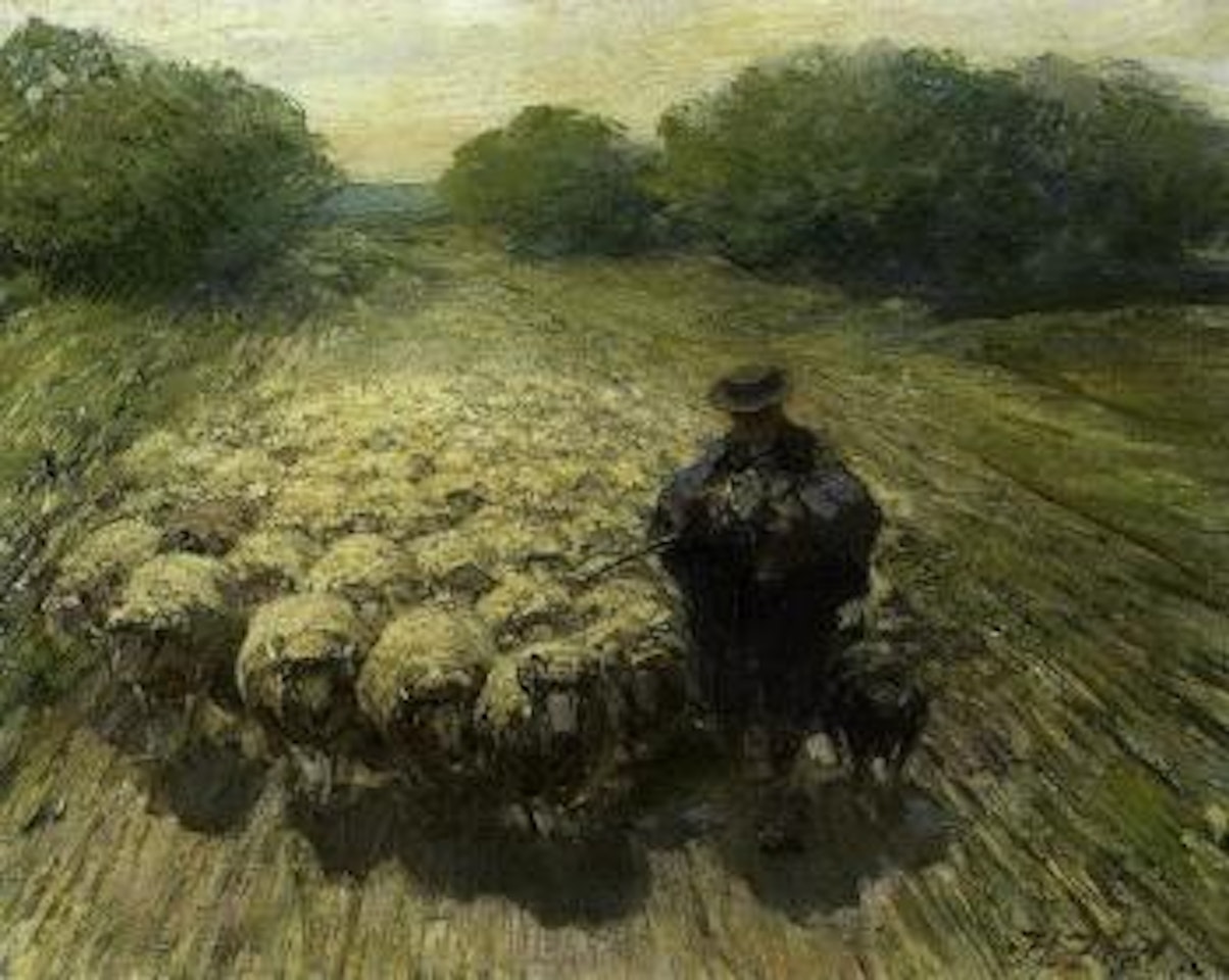 Shepherd with flock and dog on sunny path by Heinrich von Zugel