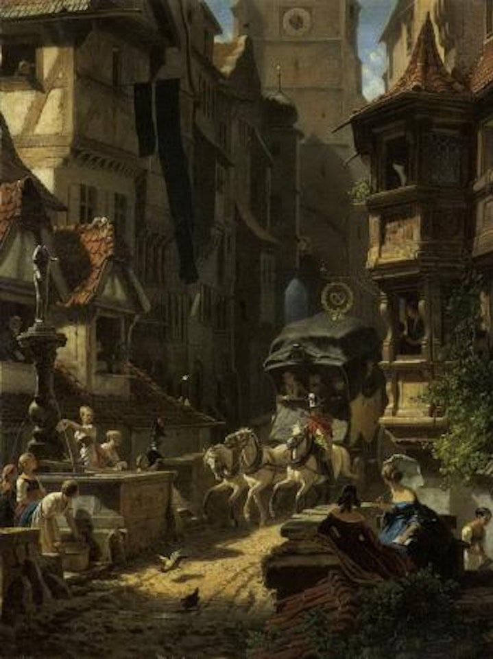Arrival of post coach in tow square by Carl Spitzweg