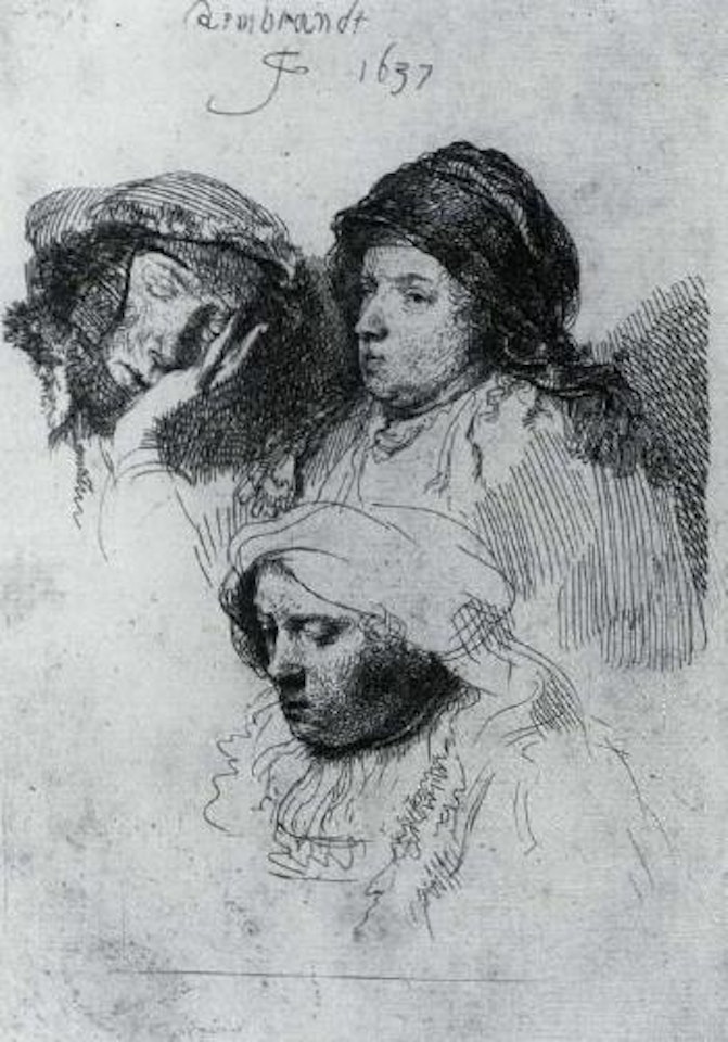 Three women's heads, one woman sleeping by Attributed to Rembrandt Harmensz van Rijn