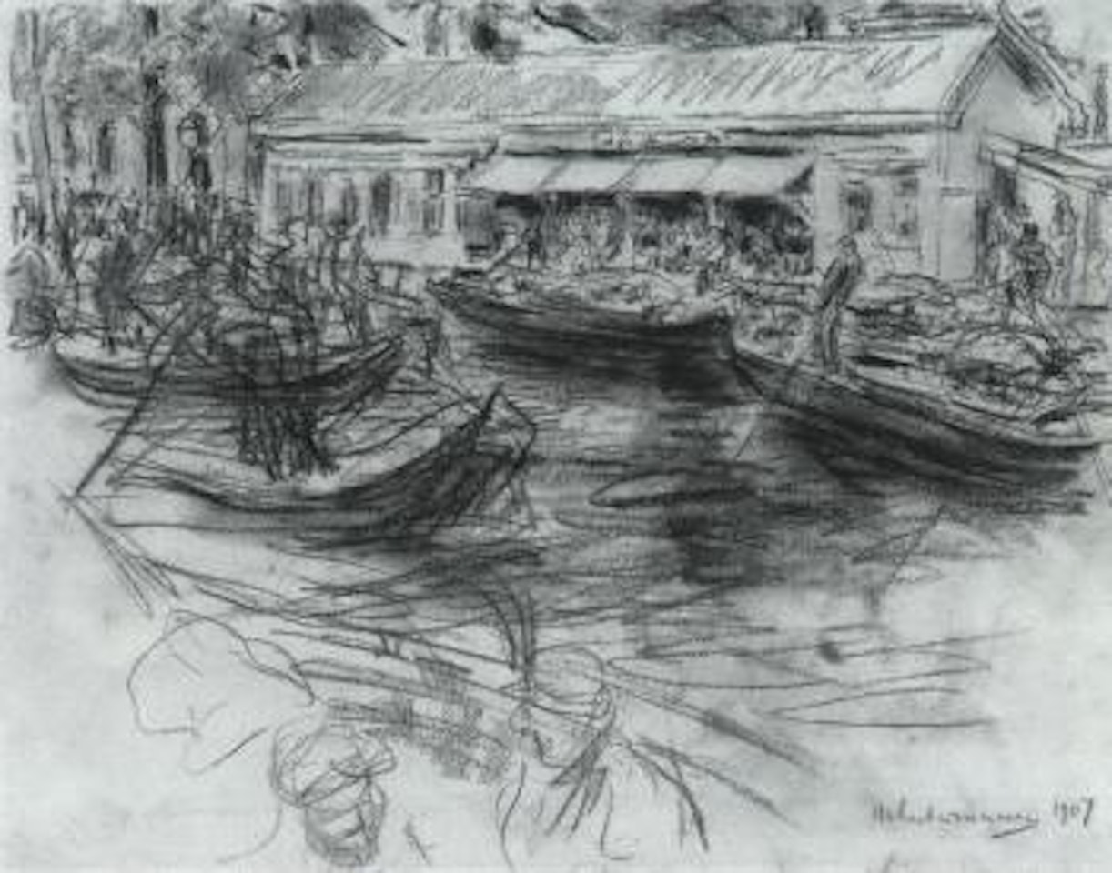 Vegetable market on barges in Leiden by Max Liebermann