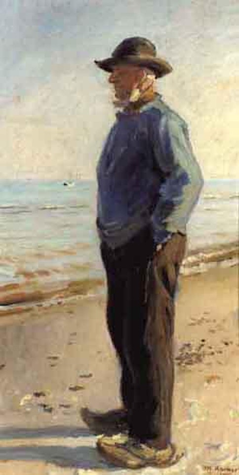 Skagen fisherman standing on beach wearing blue coat by Michael Ancher