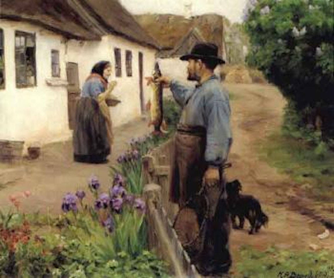 The fisherman offering an old woman freshly caught pike by Hans Andersen Brendekilde