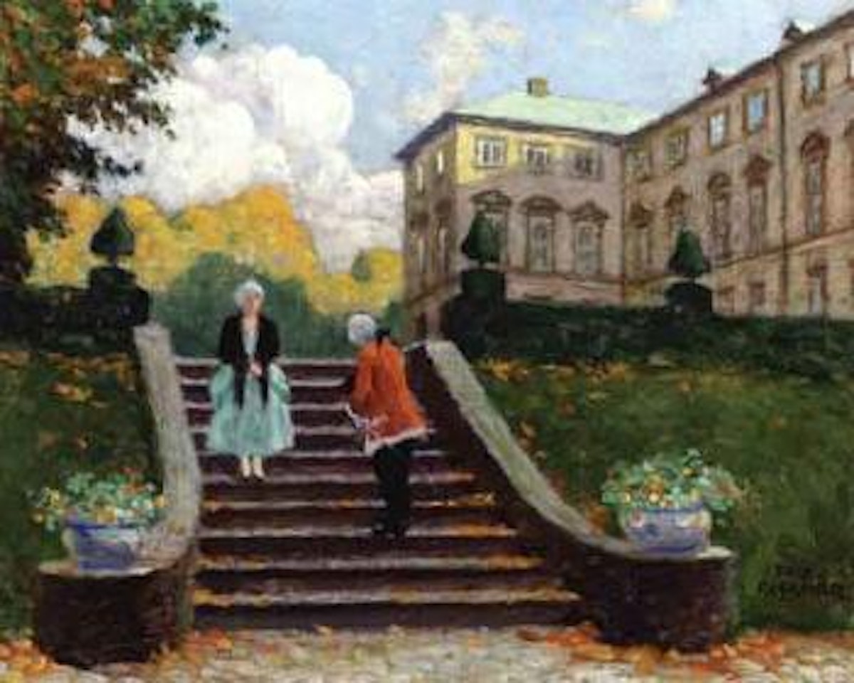 Elegant figures visiting Frederiksborg Palace by Paul Fischer