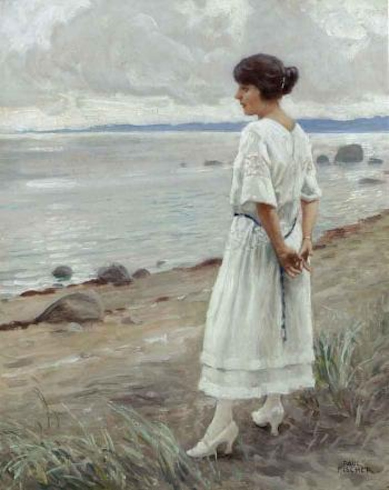 In deep thought - young girl wearing white dress at water's edge by Paul Fischer