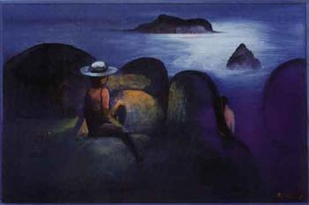 Moonlit sea with figures by Charles Blackman