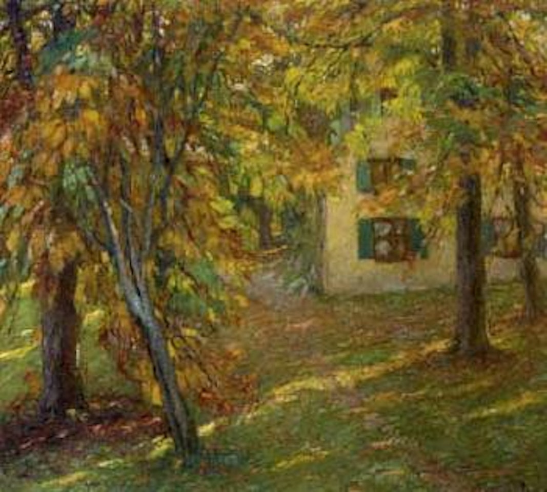 House in a sunlit woodland clearing by Edward Cucuel