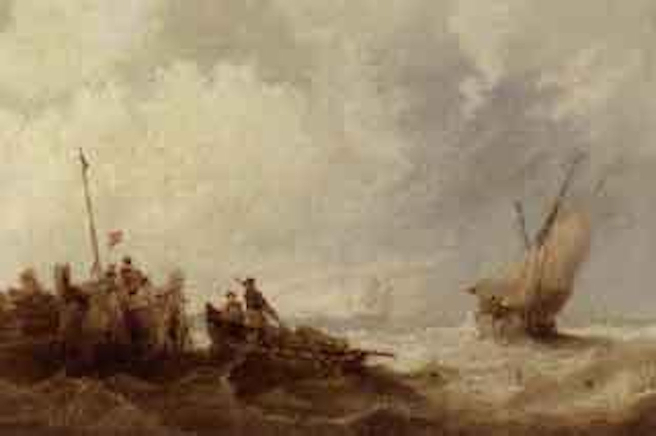 Fishing vessels at the Mouth of a harbour by John Wilson Carmichael